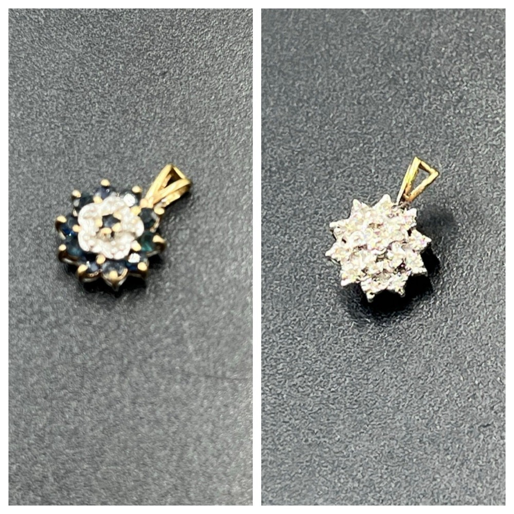10k Yellow Gold Vintage Reversible Dark Blue Topaz Diamond Small Vintage Pendant